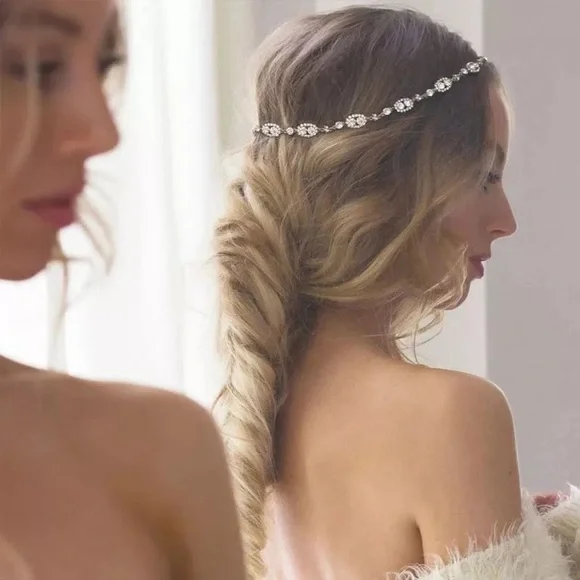 The Crystalbelle Bridal Hair Chain Crystal Bridal Hair Chain, Leaf Hair Pins, Wedding Headpiece  main image 4